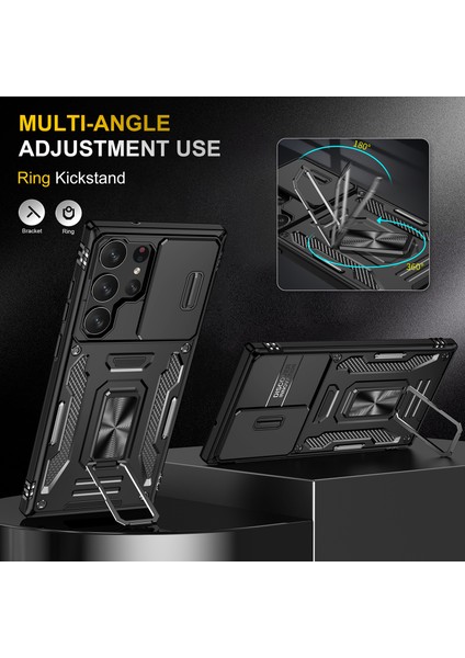 Galaxy S23 Ultra Için Halka Tutucu Kayar Lens Koruyucu Çift Telefon Kılıfı - Siyah (Yurt Dışından) fiyatları