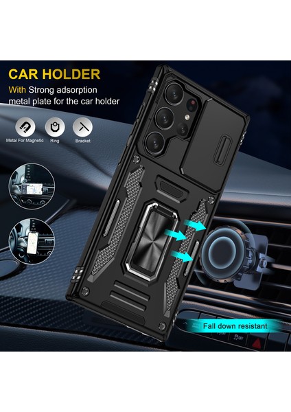 Galaxy S23 Ultra Için Halka Tutucu Kayar Lens Koruyucu Çift Telefon Kılıfı - Siyah (Yurt Dışından) modelleri