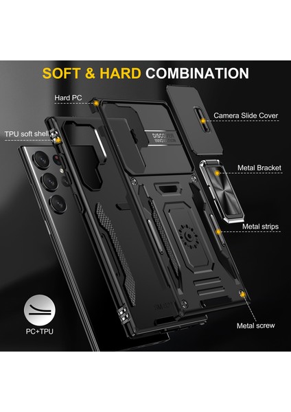 Galaxy S23 Ultra Için Halka Tutucu Kayar Lens Koruyucu Çift Telefon Kılıfı - Siyah (Yurt Dışından) fırsatları