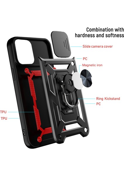 Apple iPhone 14 Pro Için Kaydırmalı Kamera Kapağı ve Yüzük Tutuculu Telefon Kılıfı - Mavi (Yurt Dışından)