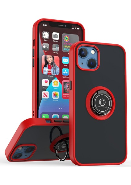 Apple iPhone 14 Plus Için Yüzük Stand Mat Sert Silikon Telefon Kılıfı - Kırmızı (Yurt Dışından)