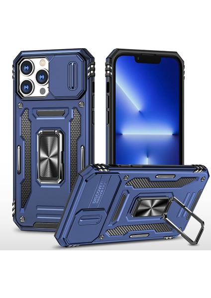 Apple iPhone 14 Pro Için Halka Tutucu Kayar Lens Koruyucu Çift Telefon Kılıfı - Lacivert (Yurt Dışından)