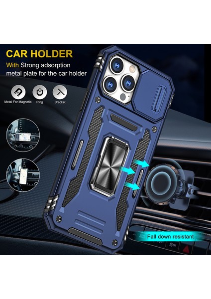 Apple iPhone 14 Pro Için Halka Tutucu Kayar Lens Koruyucu Çift Telefon Kılıfı - Lacivert (Yurt Dışından) modelleri