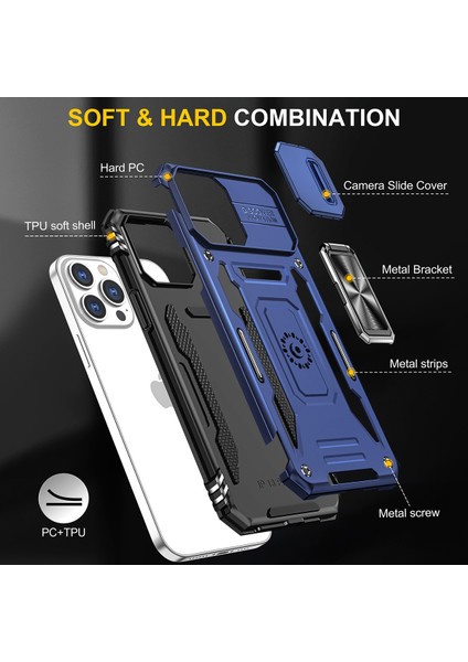 Apple iPhone 14 Pro Için Halka Tutucu Kayar Lens Koruyucu Çift Telefon Kılıfı - Lacivert (Yurt Dışından) fırsatları