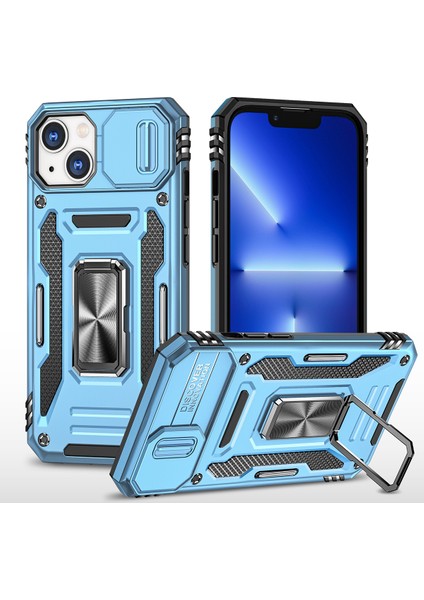 Apple iPhone 14 Için Halka Tutucu Kayar Lens Koruyucu Çift Telefon Kılıfı - Mavi (Yurt Dışından)