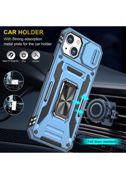 Apple iPhone 14 Için Halka Tutucu Kayar Lens Koruyucu Çift Telefon Kılıfı - Mavi (Yurt Dışından) modelleri