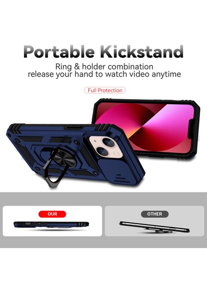 Apple iPhone 14 Plus Için Halka Ayaklı ve Kayar Kamera Kapaklı Telefon Kılıf - Mavi (Yurt Dışından) indirimleri