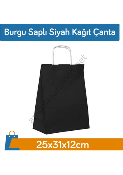 Burgu Saplı Siyah Kağıt Çanta 25X31X12CM 250 Adet