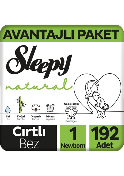 Natural Avantajlı Paket Bebek Bezi 1 Numara Newborn 192 Adet