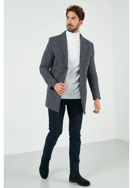 Slim Fit Tek Yırtmaçlı Düğmeli Dik Yaka Kaşe Kaban Erkek Kaban 5840110