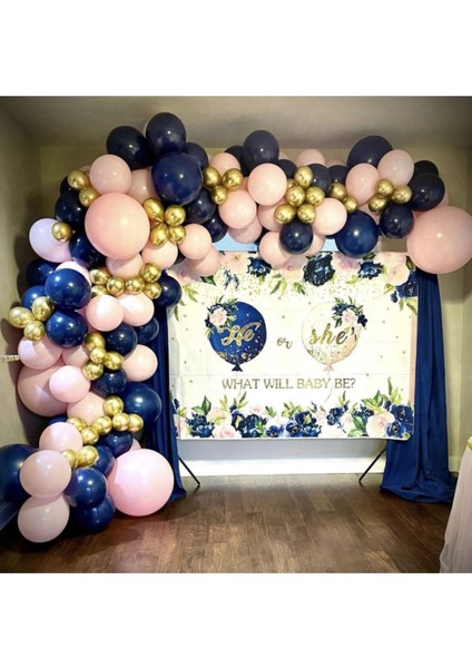 Krom Gold Gece Mavisi ve Makaron Pembe Balon Seti 50 Adet