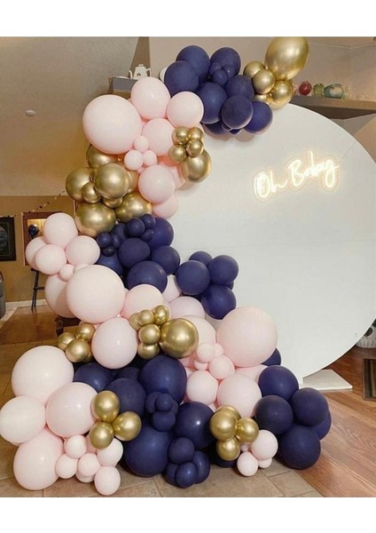 Makaron Pembe Gece Mavisi Krom Gold Balon Seti 50 Adet