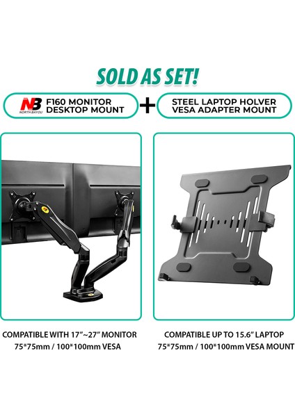 North Bayou NB F160L Amortisörlü 17"-27" Monitör Tutucu ve 10"-17" Laptop Standı 2023 Yeni Tasarım