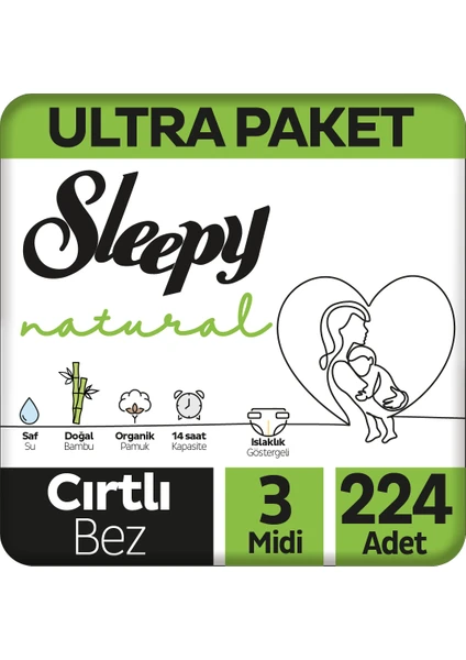 Natural Ultra Paket Bebek Bezi 3 Numara Midi 224 Adet