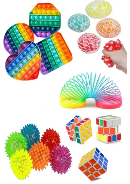 Stres Giderici Set 1 Popit 1 Zeka Küpü 1 Beyin Stres Topu 1 Stres Yayı 1 Işıklı Stres Topu