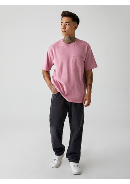 Erkek Sıfır Yaka Basıc Kısa Kol Relaxed Pembe T-shırt