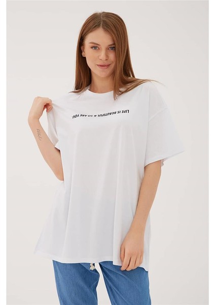 Oversize Baskılı T-Shirt Beyaz / White modelleri