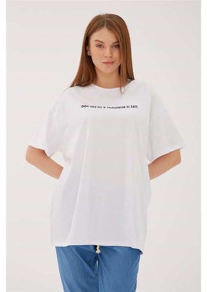 Oversize Baskılı T-Shirt Beyaz / White fırsatları