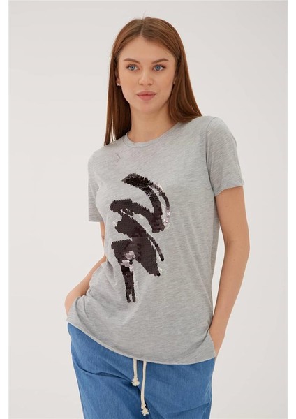 Pulpayetli T-Shirt Gri Melanj / Grey Melange