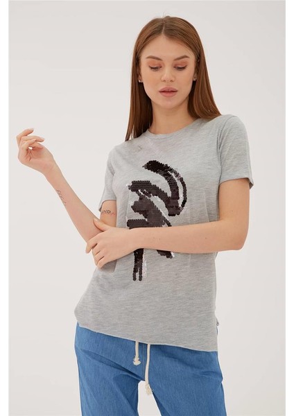Pulpayetli T-Shirt Gri Melanj / Grey Melange fiyatları
