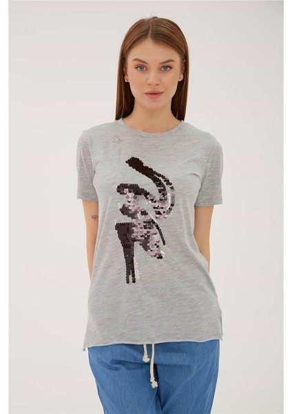 Pulpayetli T-Shirt Gri Melanj / Grey Melange modelleri
