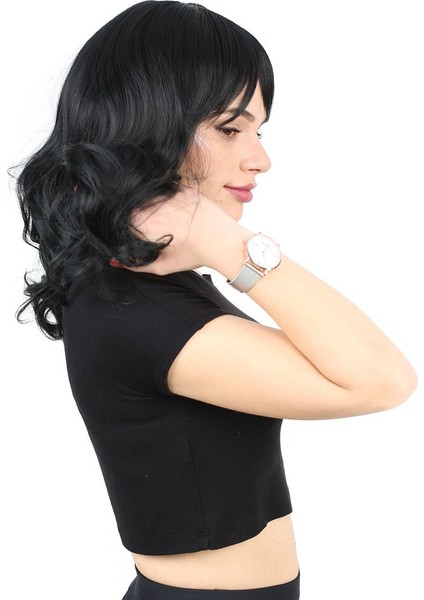 Dalgalı Perçemli Orta Boy Fiber Sentetik Peruk / Siyah (Lisinya)