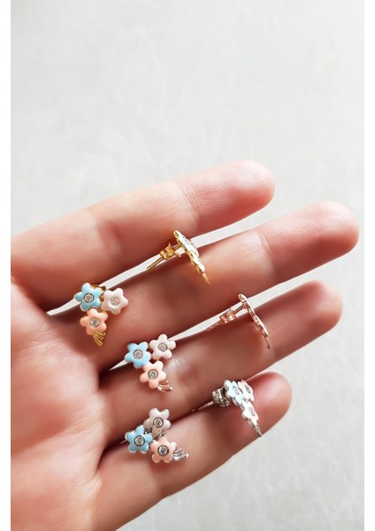 Tekli 3 Flower Mineli Gümüş Küpe