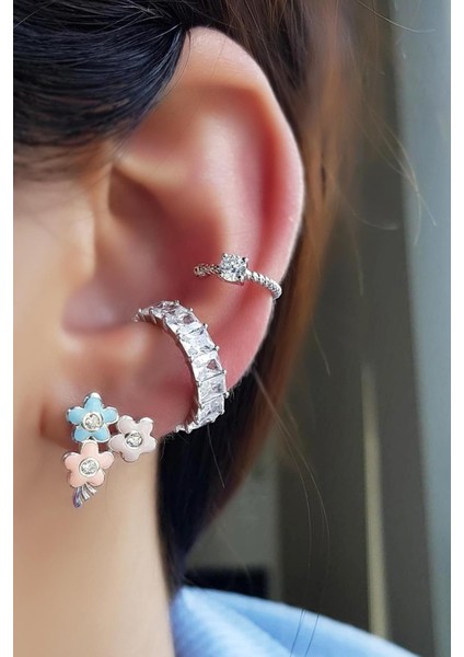 Tekli 3 Flower Mineli Gümüş Küpe fiyatları