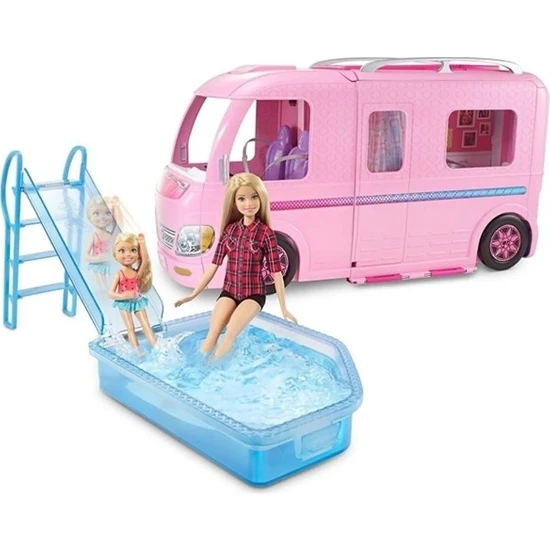 Barbie'nin Pembe Karavanı Açılır-Kapanır Havuz ve Aksesuarları Oyun Seti FBR34