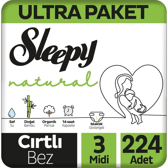 Sleepy Natural Ultra Paket Bebek Bezi 3 Numara Midi 224 Adet