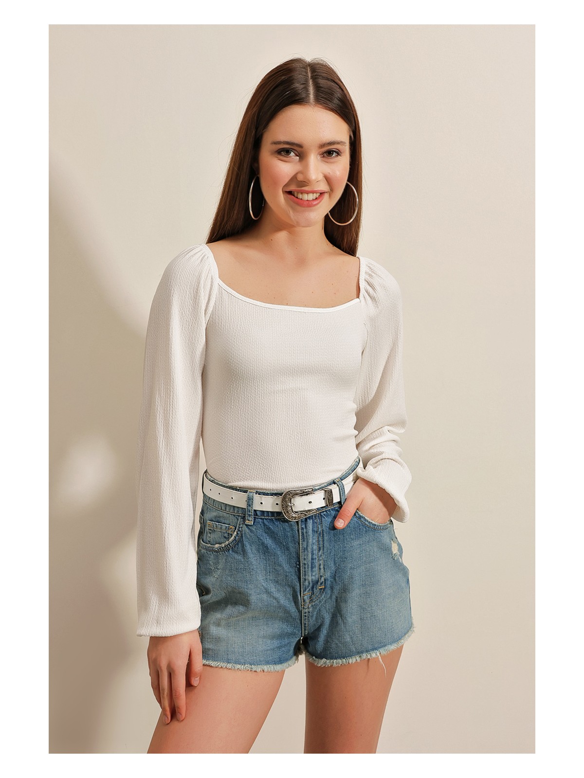 Bigdart 0465 Balon Kollu Örme Bluz - Beyaz