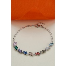 Lieza Kadın 925 Ayar Gümüş Renkli Baget Taşlı Zincir Bileklik