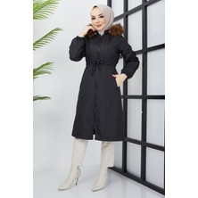 Hafsa Mina Beli Bağcıklı Mont Siyah