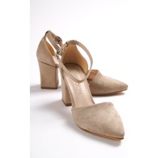 Divolya Flora Bej Süet Bilekten Bantlı Topuklu Ayakkabı