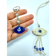 Helis Göz Cam Nazar Boncuğu Anahtarlık + Hasır Göz Araba Dikiz Ayna Süsü El Yapımı İkili Set