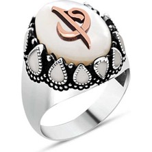 Amberkan Sedef Taş Üstü Elif-Vav Yanları Beyaz Mineli Erkek Yüzük