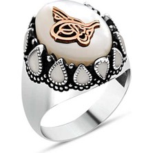 Amberkan Sedef Taş Üstü Osmanlı Tuğralı Yanları Beyaz Mineli Erkek Yüzük