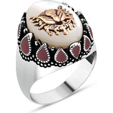 Amberkan Sedef Taş Üzeri Osmanlı Devlet Armalı Yanları Kırmızı Mineli Erkek Yüzük