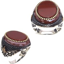 Amberkan Ortası Akik Taşlı Kenarı Çember Taşlı Yanları Osmanlı Tuğralı Erkek Yüzük