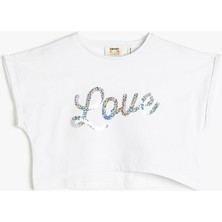 Koton Crop Tişört Oversize Kısa Kollu Pul Payet İşlemeli Pamuklu
