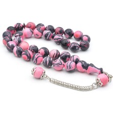 Murty99 Gümüş Kaplama Kamçılı Küre Kesim Siyah Pembe Sıkma Kehribar Tesbih