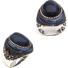 Amberkan Ortası Mavi Kaplan Gözü Taşlı Kenarı Çember Taşlı Erkek Yüzük