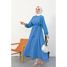 İlkimay Yarasa Kol Beli Lastikli Dorf Kuşaklı Tesettür Elbise 228 - Mavi