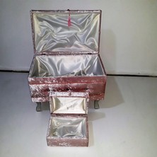 Bengi Ticaret Çeyiz Sandık Kapitone Model 3lü Set Pembe Kadife Kumaş Içi Kırmızı Tela Kutu Sevk El Yapım