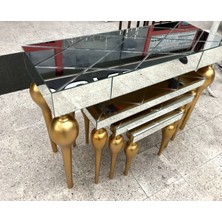 Bengi Ticaret Zigon-Dresuar Sehpa Tombul Torna Model Parlak Gold Renk Kayın Ayak Çizgili  Ayna Tabla  El Yapım