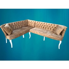 Bengi Ticaret Köşe Takımı Chester Model Ahşap Kayın Torna Ayak Lükens Aslan Babyface Kahverengi Kumaş El Yapım