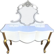 Bengi Ticaret Dresuar Aslanbaş Model Kayın Aslan Ayak 3 Bombe Parlak Beyaz-Gold Yuvarlak Nakış Ayna El Yapım