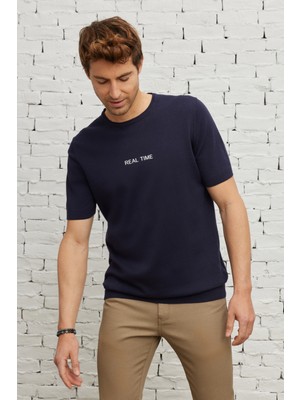 Altınyıldız Classics Erkek Lacivert Standart Fit Normal Kesim Bisiklet Yaka %100 Pamuk Baskılı Triko Tişört