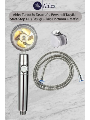 Ahlez Turbo Pervaneli Jet Fan Duş Başlığı + Duş Hortumu + Mafsal Duş Takımı Duş Seti