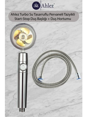 Ahlez Turbo Pervaneli Jet Fan Duş Başlığı + Duş Hortumu Duş Takımı Duş Seti